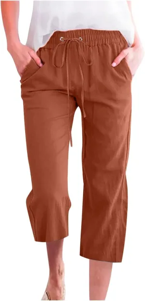 Womens Cotton Linen Capri Pants Casual Summer Pants Plus Size Drawstring Elastic Waist Cropped Trouser with Pockets