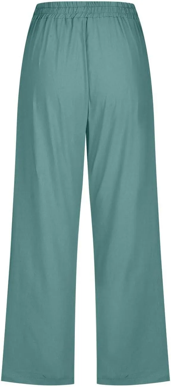 Womens Cotton Linen Capri Pants Casual Summer Pants Plus Size Drawstring Elastic Waist Cropped Trouser with Pockets