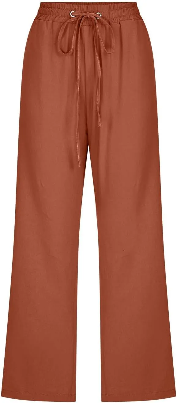 Womens Cotton Linen Capri Pants Casual Summer Pants Plus Size Drawstring Elastic Waist Cropped Trouser with Pockets