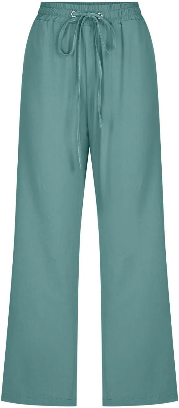 Womens Cotton Linen Capri Pants Casual Summer Pants Plus Size Drawstring Elastic Waist Cropped Trouser with Pockets