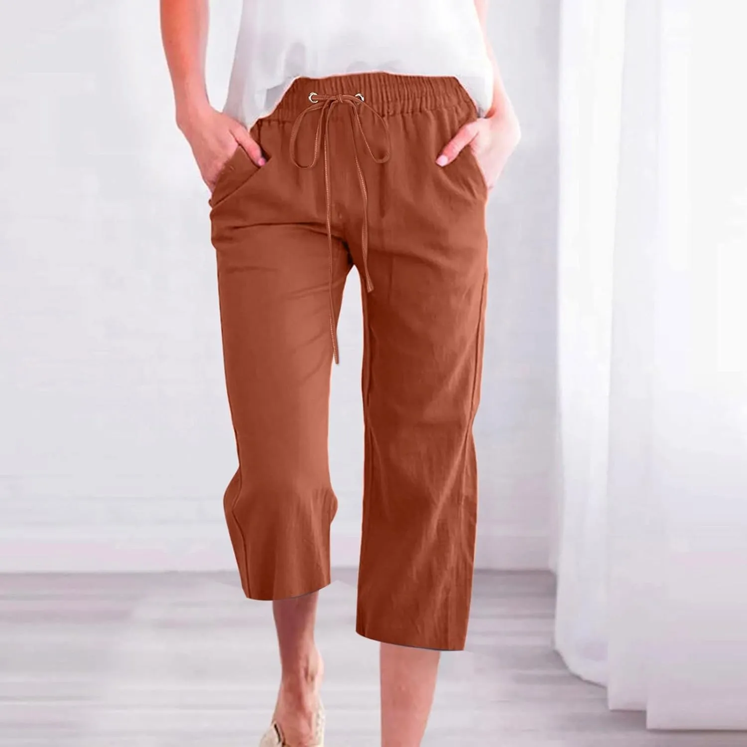 Womens Cotton Linen Capri Pants Casual Summer Pants Plus Size Drawstring Elastic Waist Cropped Trouser with Pockets