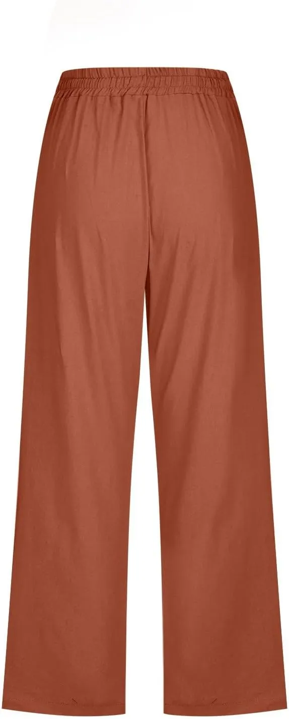 Womens Cotton Linen Capri Pants Casual Summer Pants Plus Size Drawstring Elastic Waist Cropped Trouser with Pockets