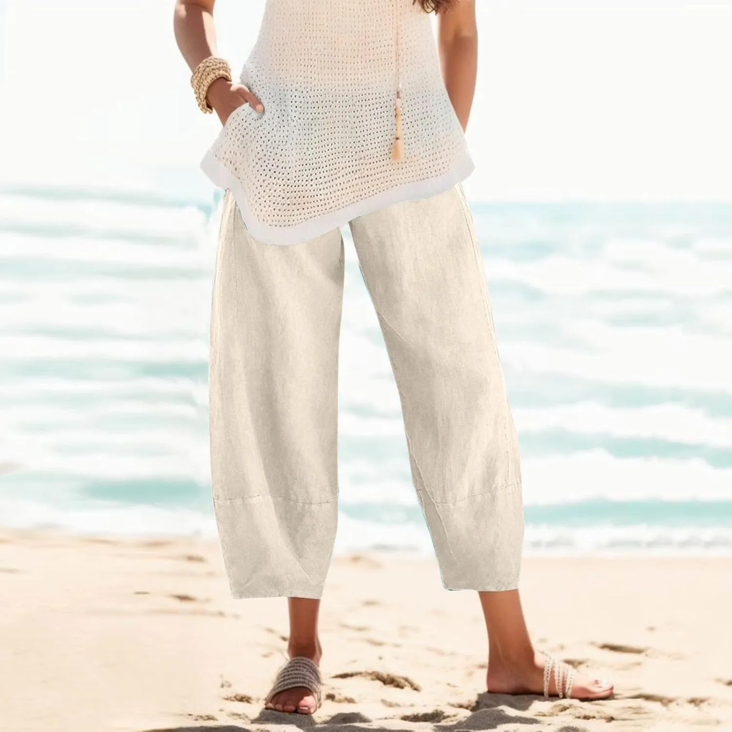 Women's Cotton Linen Harem Pants Lightweight Casual Cropped Trousers with Pockets Loose Beach Yoga Pants for Summer