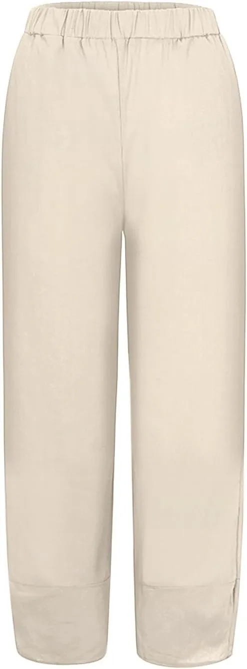 Women's Cotton Linen Harem Pants Lightweight Casual Cropped Trousers with Pockets Loose Beach Yoga Pants for Summer