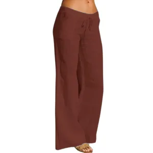 Women's Cotton Linen Pants Plus Size Wide Leg Flowy Summer Beach Pants High Waist Drawstring Pants Lounge Trouser