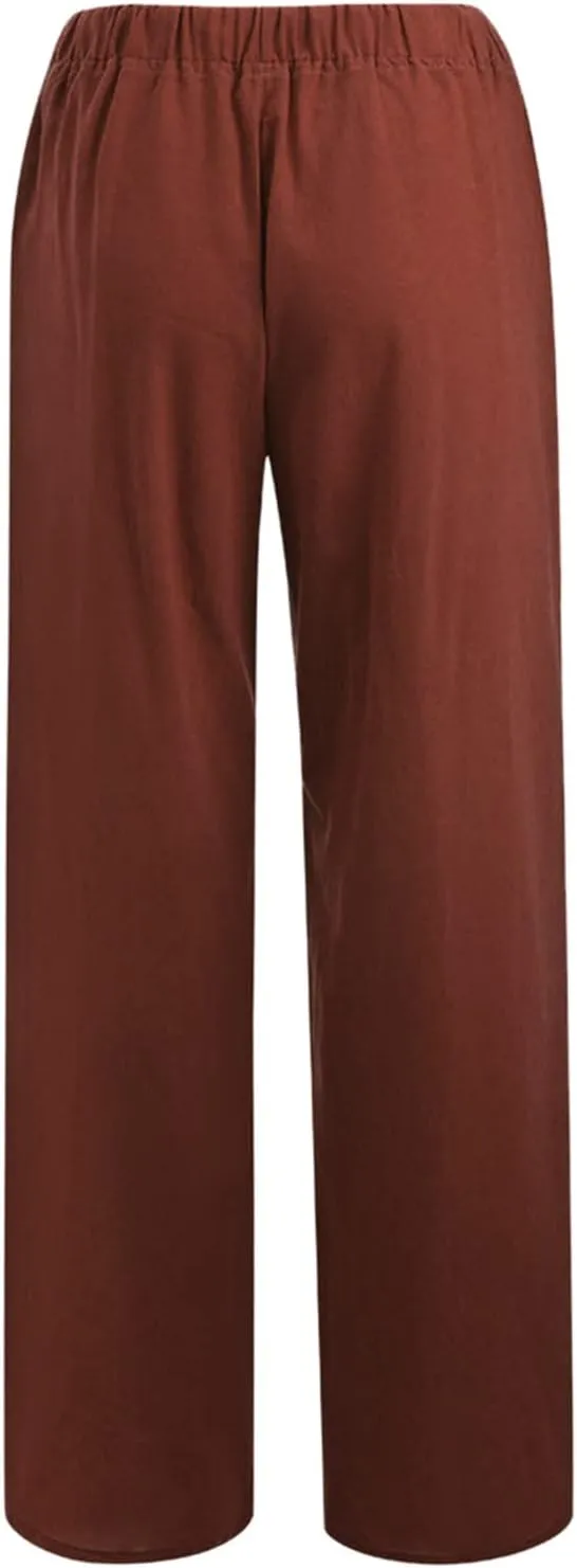 Women's Cotton Linen Pants Plus Size Wide Leg Flowy Summer Beach Pants High Waist Drawstring Pants Lounge Trouser