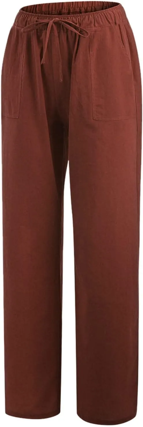 Women's Cotton Linen Pants Plus Size Wide Leg Flowy Summer Beach Pants High Waist Drawstring Pants Lounge Trouser