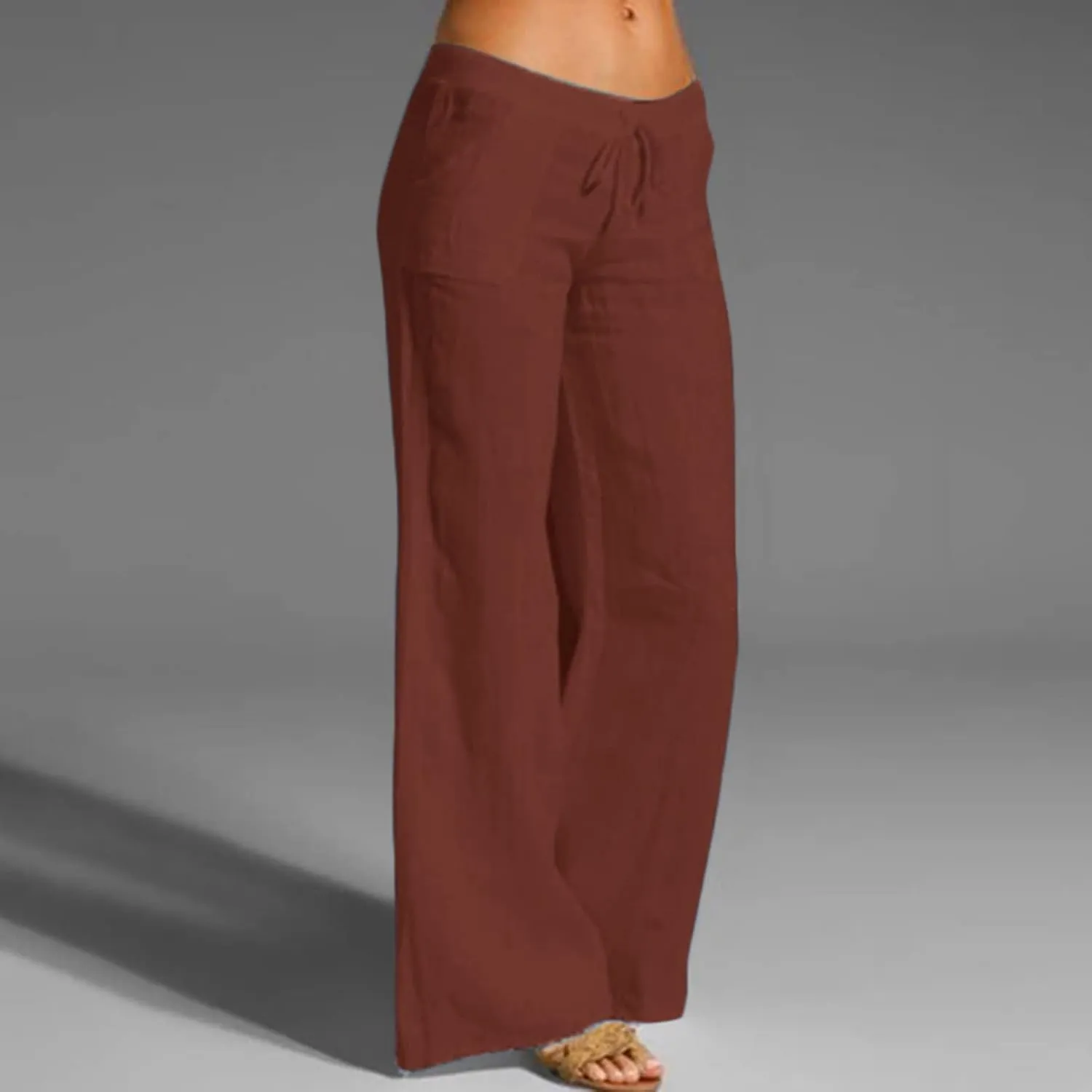 Women's Cotton Linen Pants Plus Size Wide Leg Flowy Summer Beach Pants High Waist Drawstring Pants Lounge Trouser