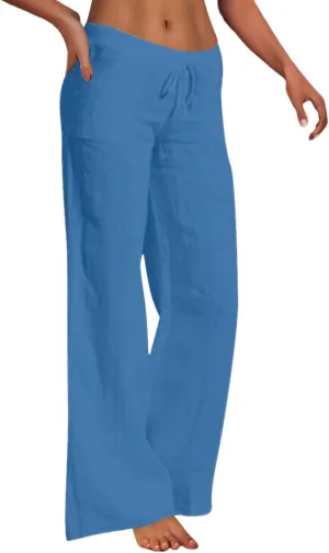 Women's Cotton Linen Pants Plus Size Wide Leg Flowy Summer Beach Pants High Waist Drawstring Pants Lounge Trouser