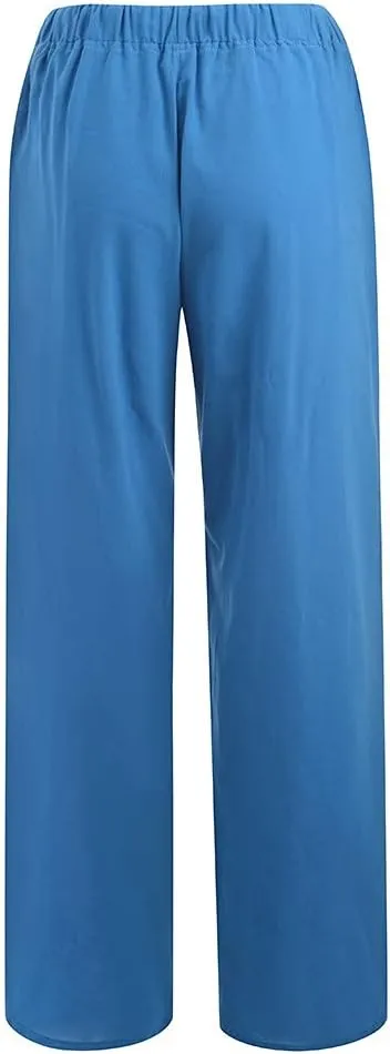 Women's Cotton Linen Pants Plus Size Wide Leg Flowy Summer Beach Pants High Waist Drawstring Pants Lounge Trouser