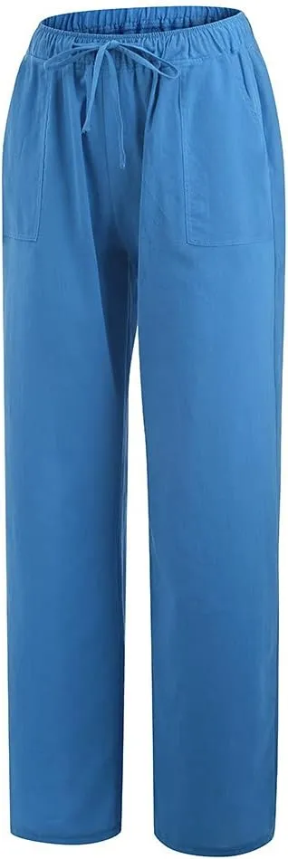 Women's Cotton Linen Pants Plus Size Wide Leg Flowy Summer Beach Pants High Waist Drawstring Pants Lounge Trouser