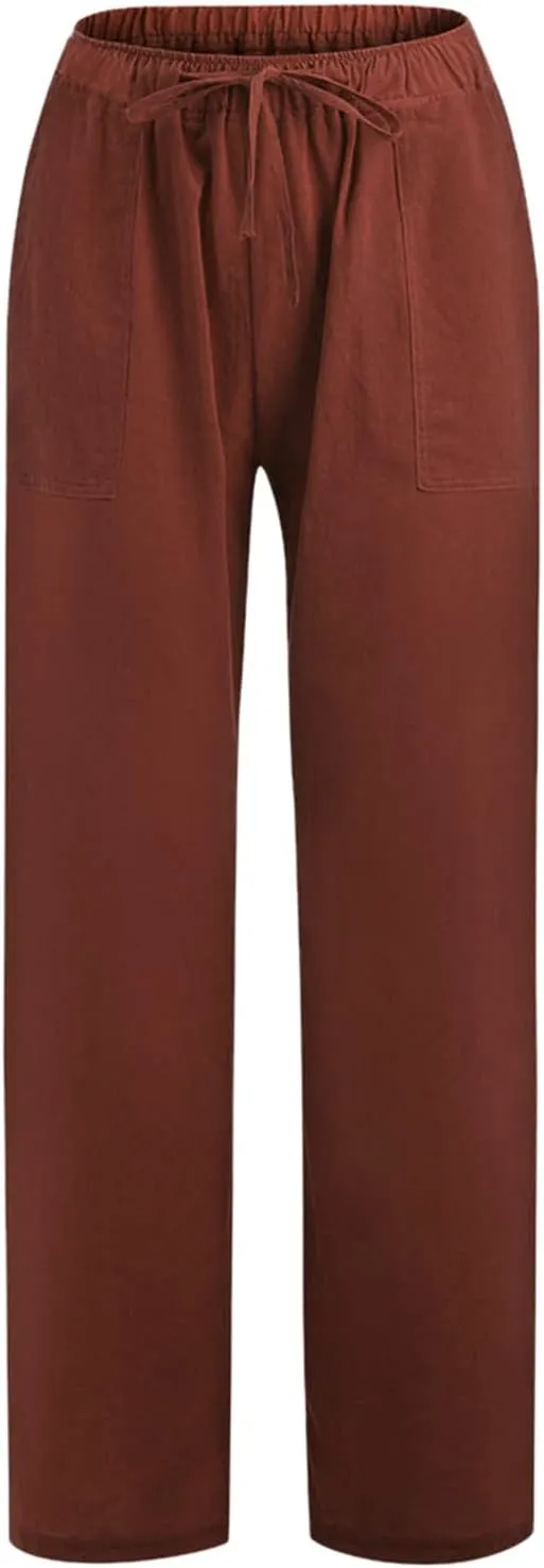 Women's Cotton Linen Pants Plus Size Wide Leg Flowy Summer Beach Pants High Waist Drawstring Pants Lounge Trouser