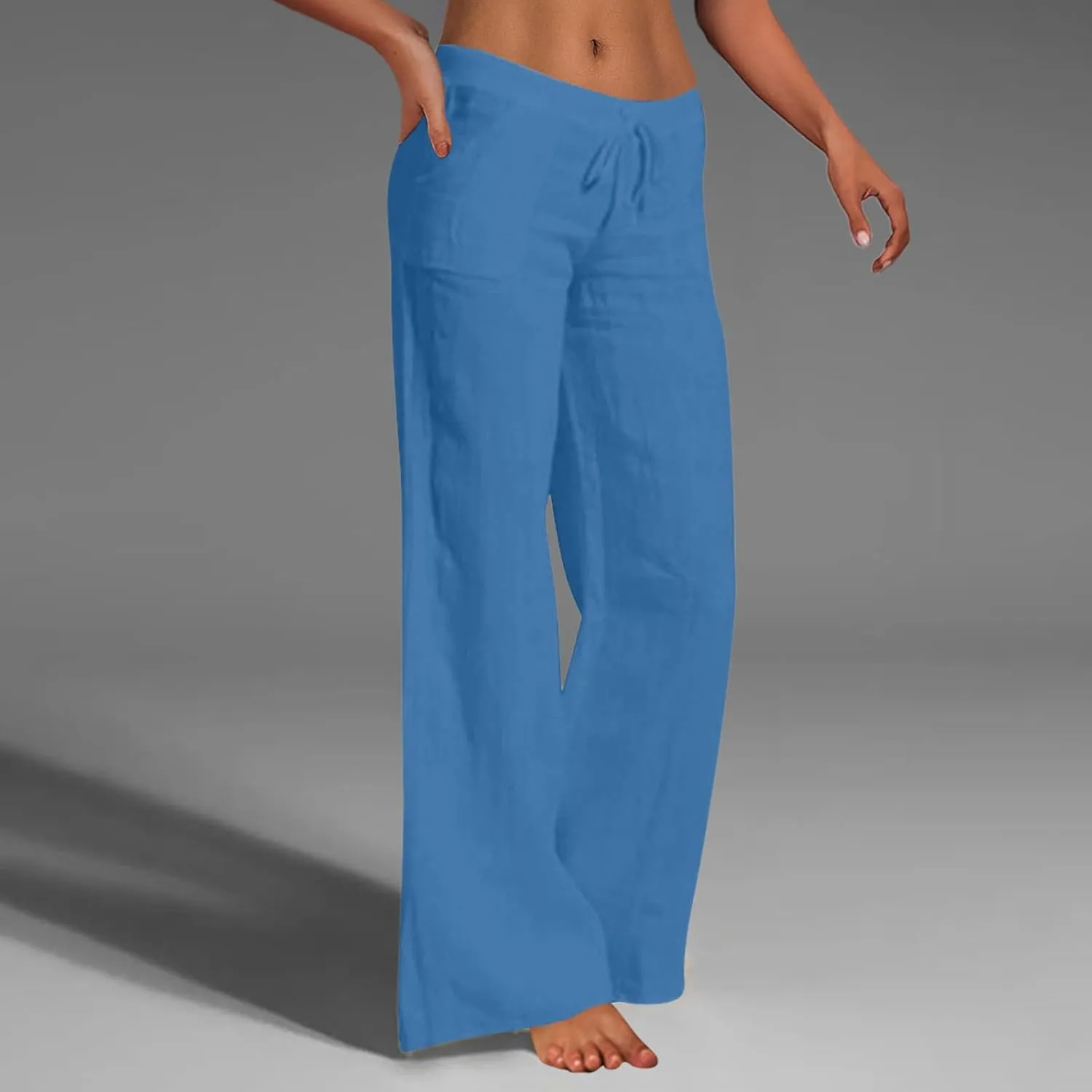 Women's Cotton Linen Pants Plus Size Wide Leg Flowy Summer Beach Pants High Waist Drawstring Pants Lounge Trouser