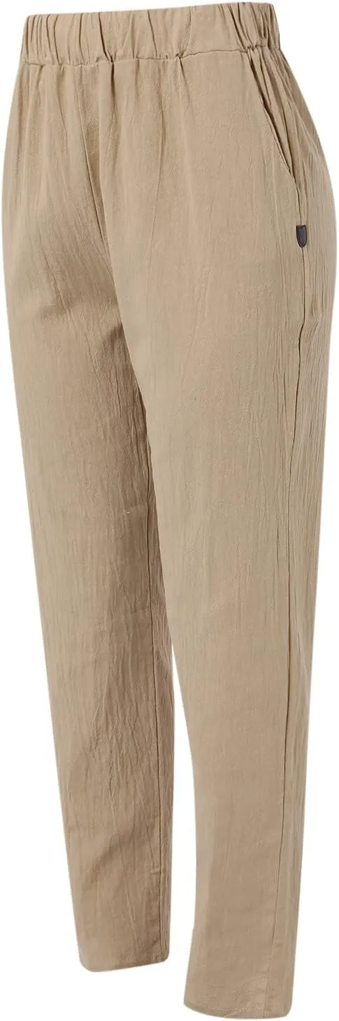 Women's Cotton Linen Pants Summer Straight Leg Loose Drawstring Trousers High Waist Casual Beach Pants with Pockets
