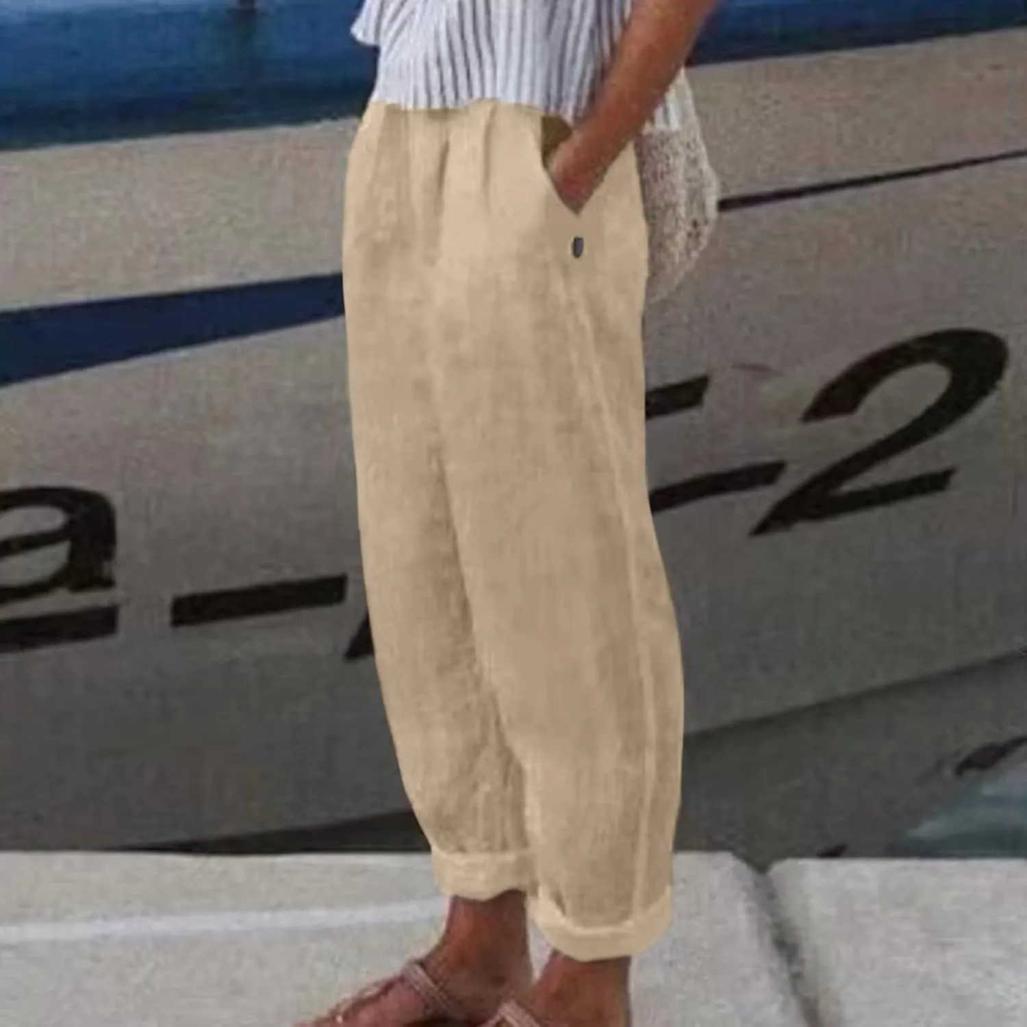 Women's Cotton Linen Pants Summer Straight Leg Loose Drawstring Trousers High Waist Casual Beach Pants with Pockets