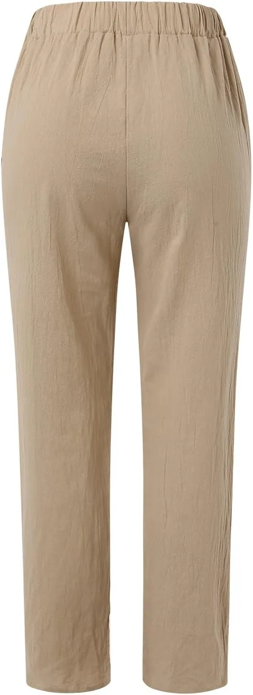 Women's Cotton Linen Pants Summer Straight Leg Loose Drawstring Trousers High Waist Casual Beach Pants with Pockets