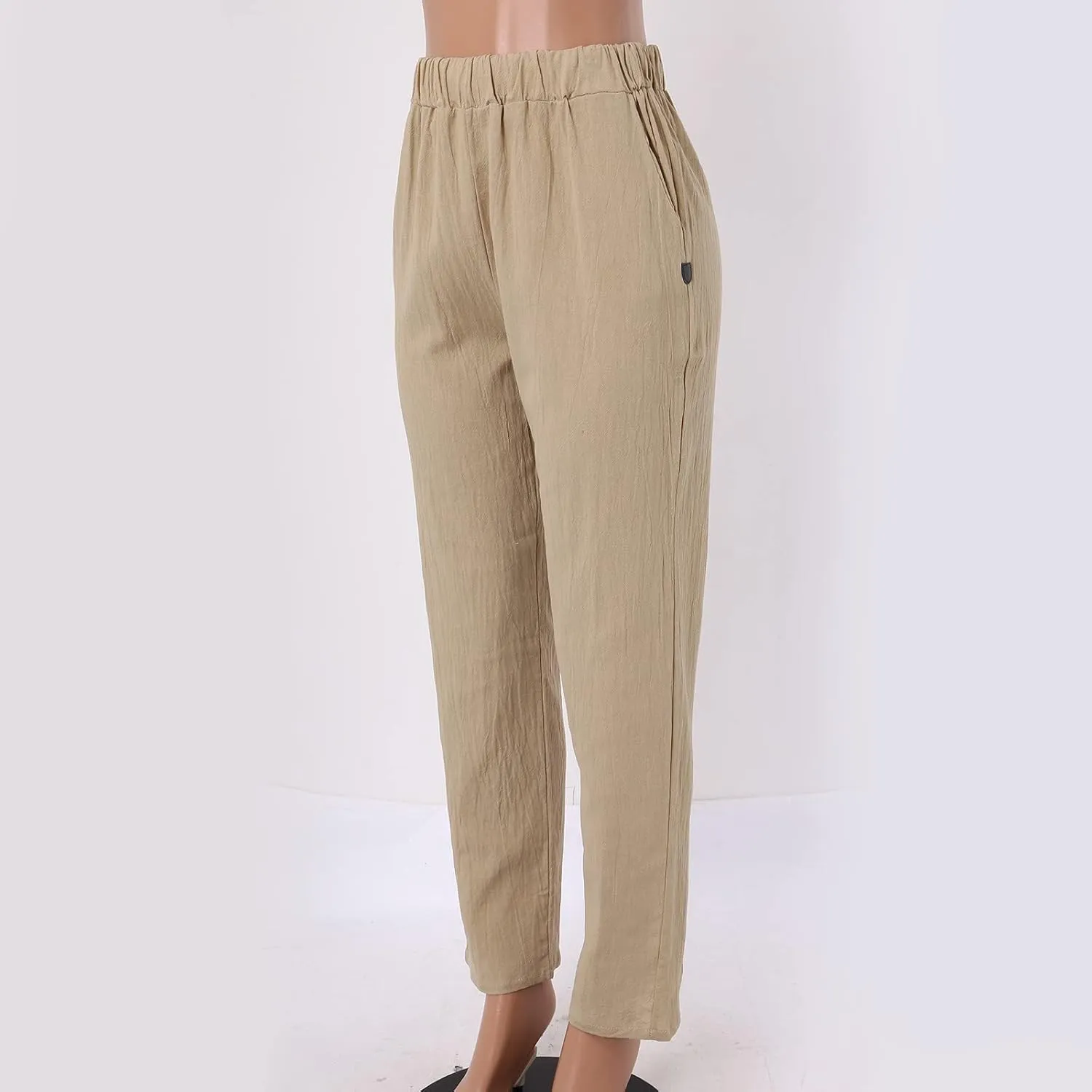 Women's Cotton Linen Pants Summer Straight Leg Loose Drawstring Trousers High Waist Casual Beach Pants with Pockets