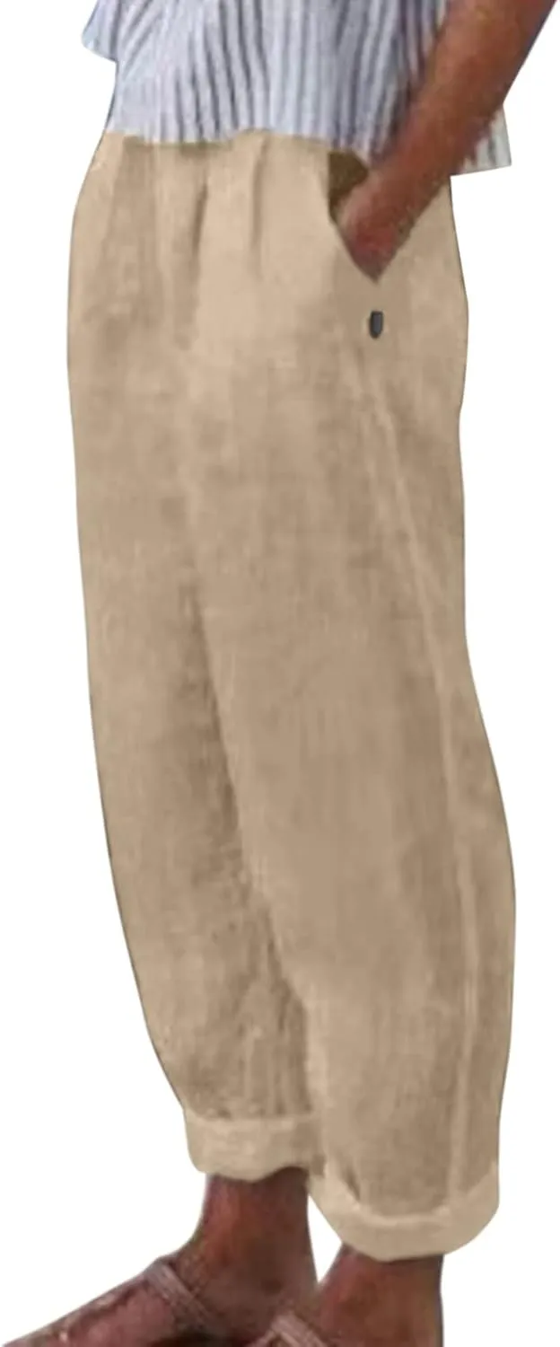 Women's Cotton Linen Pants Summer Straight Leg Loose Drawstring Trousers High Waist Casual Beach Pants with Pockets