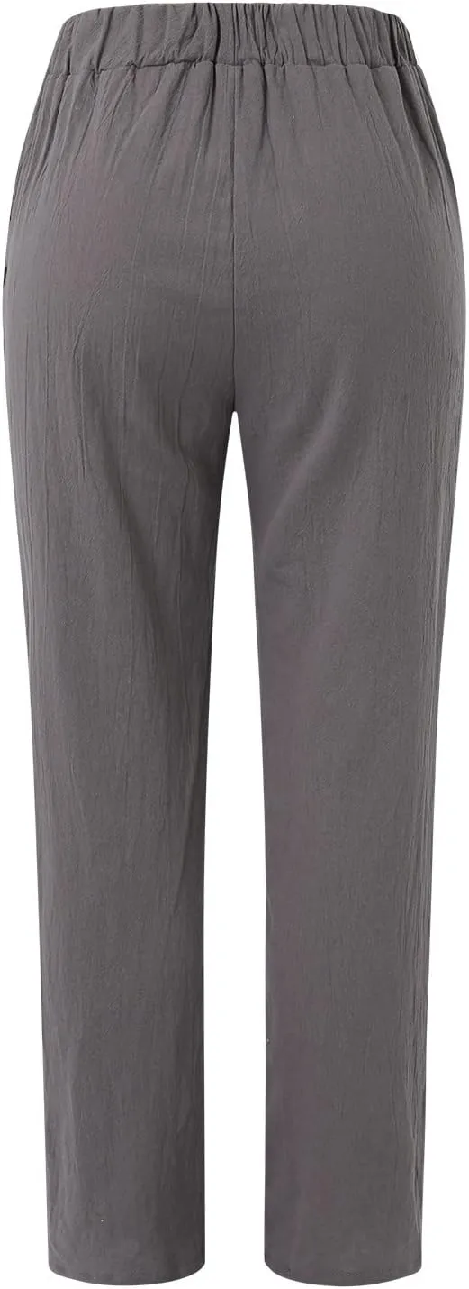 Women's Cotton Linen Pants Summer Straight Leg Loose Drawstring Trousers High Waist Casual Beach Pants with Pockets