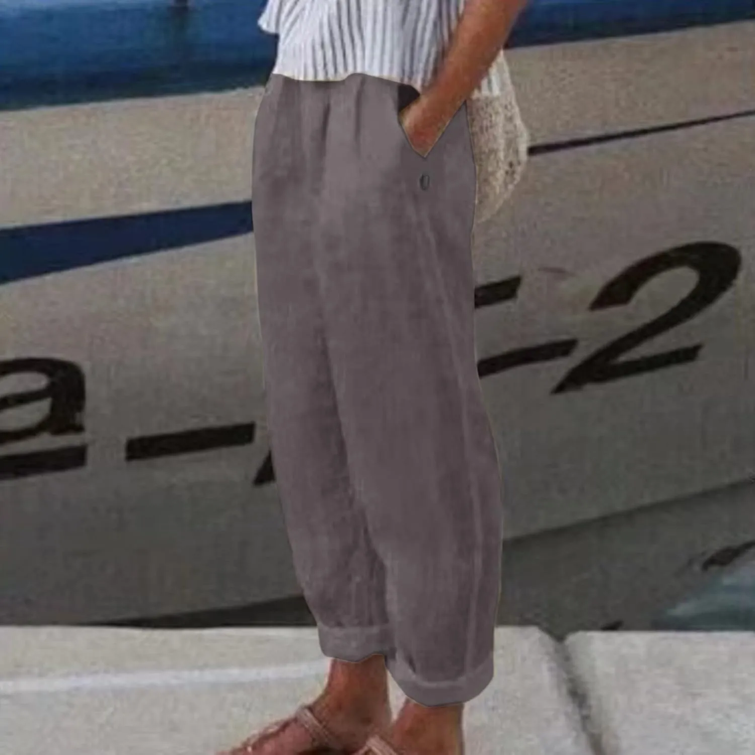 Women's Cotton Linen Pants Summer Straight Leg Loose Drawstring Trousers High Waist Casual Beach Pants with Pockets