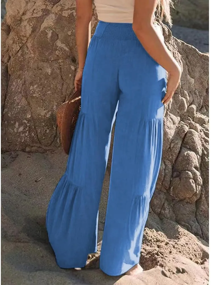 Womens Cotton Linen Wide Leg Flare Pants Fashion Belted High Waisted Layered Smocked Ruffled Solid Lounge Trousers