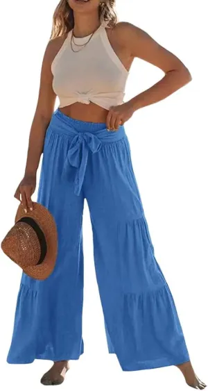 Womens Cotton Linen Wide Leg Flare Pants Fashion Belted High Waisted Layered Smocked Ruffled Solid Lounge Trousers