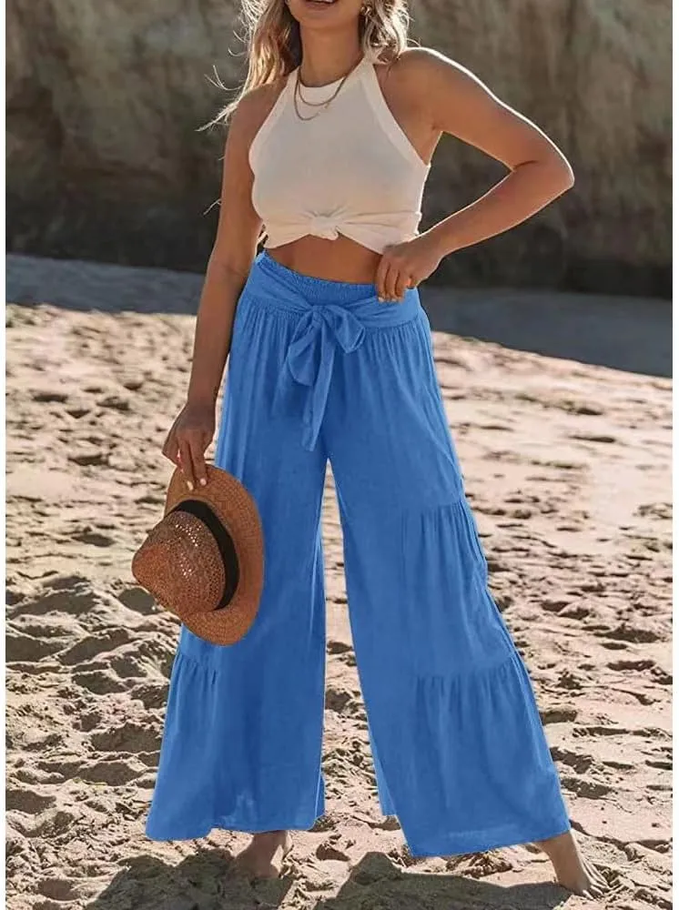 Womens Cotton Linen Wide Leg Flare Pants Fashion Belted High Waisted Layered Smocked Ruffled Solid Lounge Trousers
