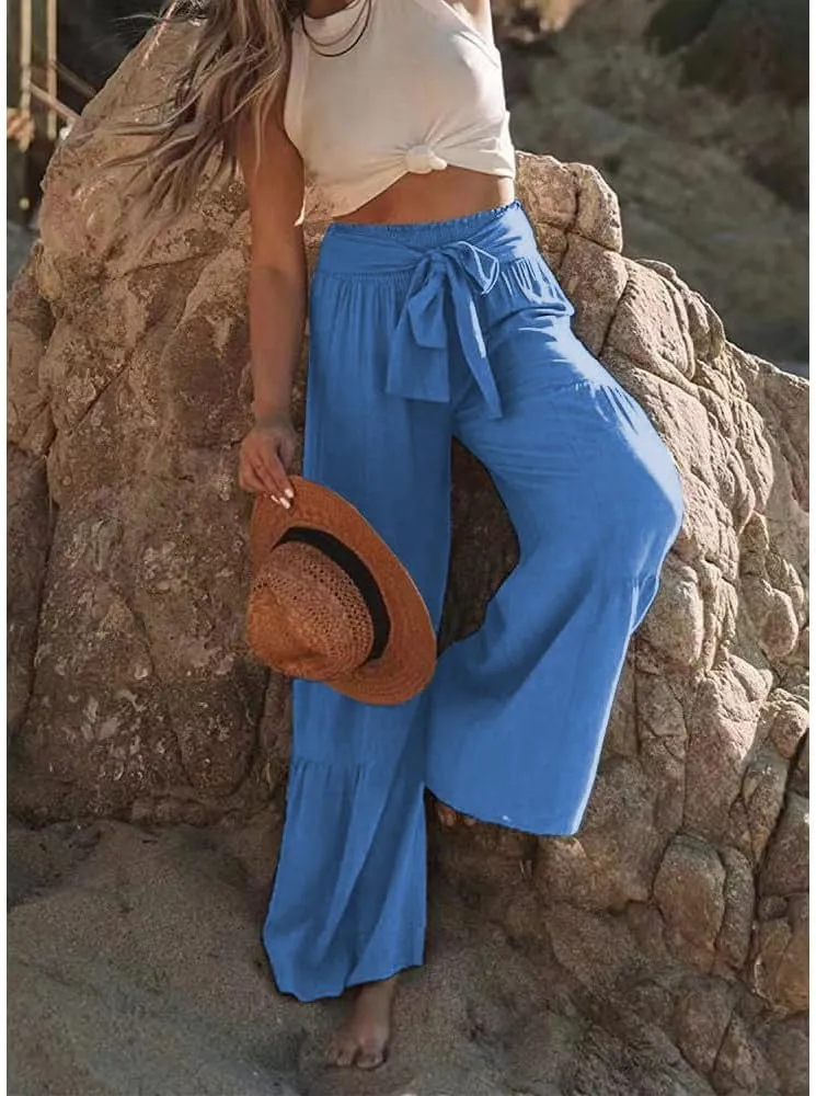 Womens Cotton Linen Wide Leg Flare Pants Fashion Belted High Waisted Layered Smocked Ruffled Solid Lounge Trousers