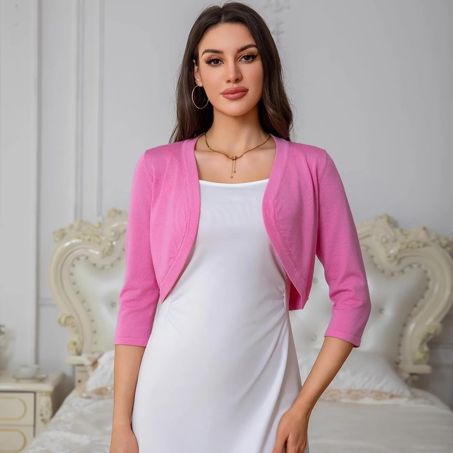 Women's Cropped 3/4 Sleeve Knit Cardigan - Open Front Bolero Shrug
