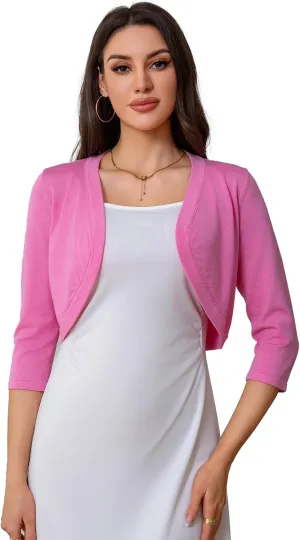Women's Cropped 3/4 Sleeve Knit Cardigan - Open Front Bolero Shrug
