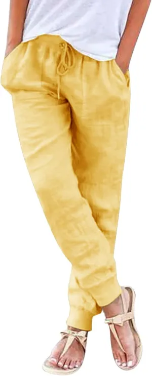 Womens Linen Pants Joggers Casual High Waisted Drawstring Trousers Lightweight Summer Beach Pants with Pockets