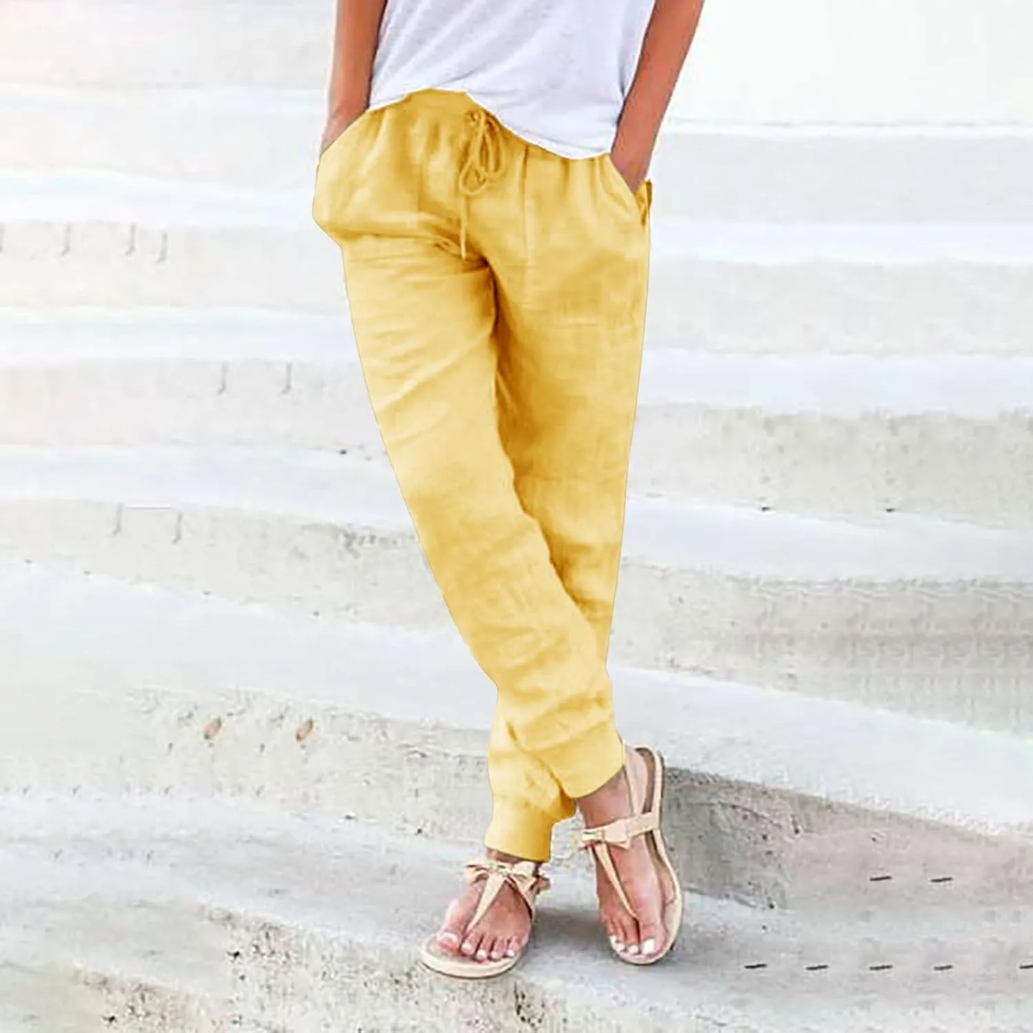 Womens Linen Pants Joggers Casual High Waisted Drawstring Trousers Lightweight Summer Beach Pants with Pockets