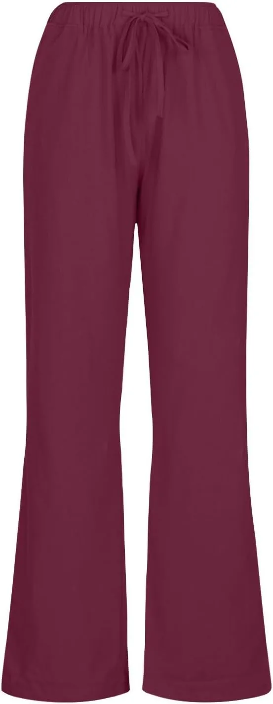 Women's Linen Pants - Solid Color Drawstring Waist Wide Leg Casual Trousers, Loose Fit Long Palazzo Lounge Pants