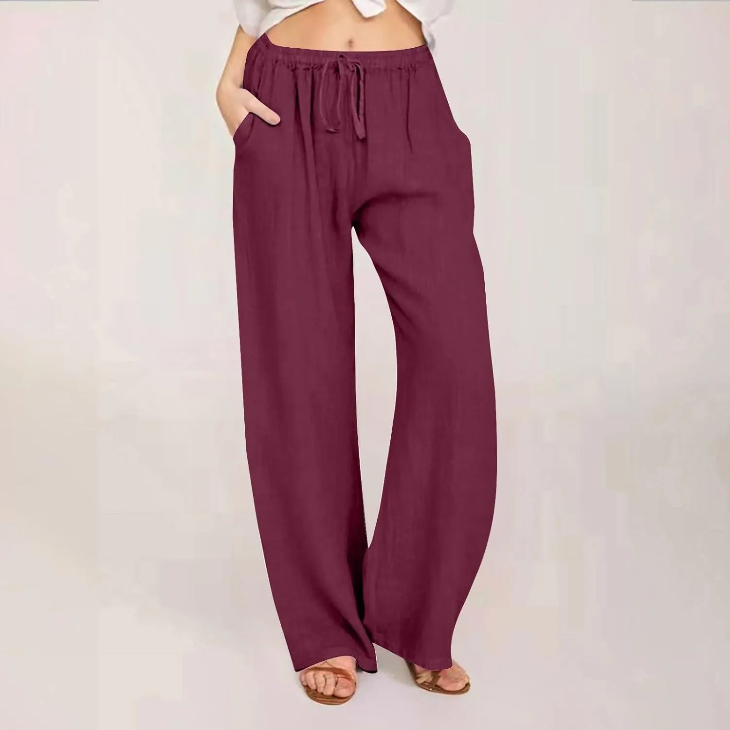 Women's Linen Pants - Solid Color Drawstring Waist Wide Leg Casual Trousers, Loose Fit Long Palazzo Lounge Pants
