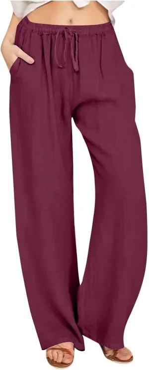 Women's Linen Pants - Solid Color Drawstring Waist Wide Leg Casual Trousers, Loose Fit Long Palazzo Lounge Pants