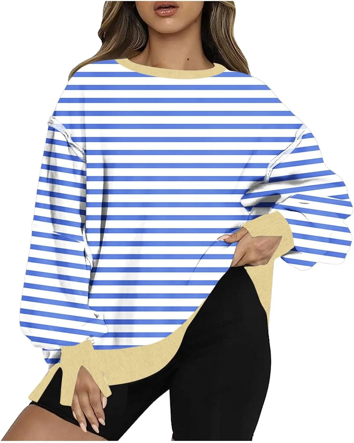 Womens Oversize Striped Sweatshirts Crew Neck Long Sleeve Top Patchwork Hoodie Irregular Hem Pullover Fall Clothes