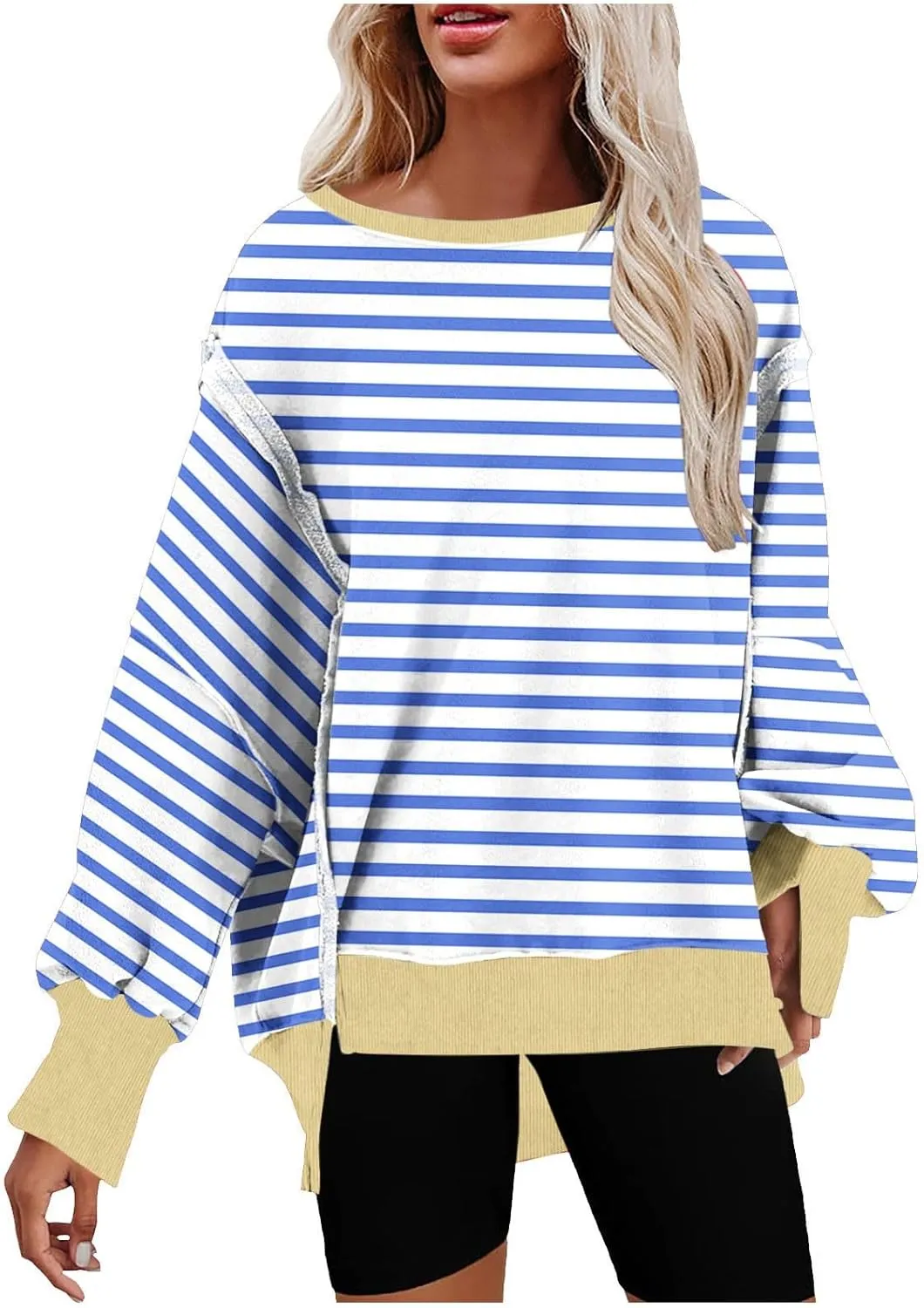 Womens Oversize Striped Sweatshirts Crew Neck Long Sleeve Top Patchwork Hoodie Irregular Hem Pullover Fall Clothes