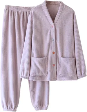 Womens Pajama 2 Piece Shaggy Long Sleeve Button Top Matching Elastic Waist Pajamas Pant Set Loungewear with Pockets
