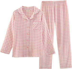 Womens Pajama Sets Cotton Gauze Plaid Long Sleeve Tops and Pants 2 Piece Loungewear Cute Gingham Pj Set