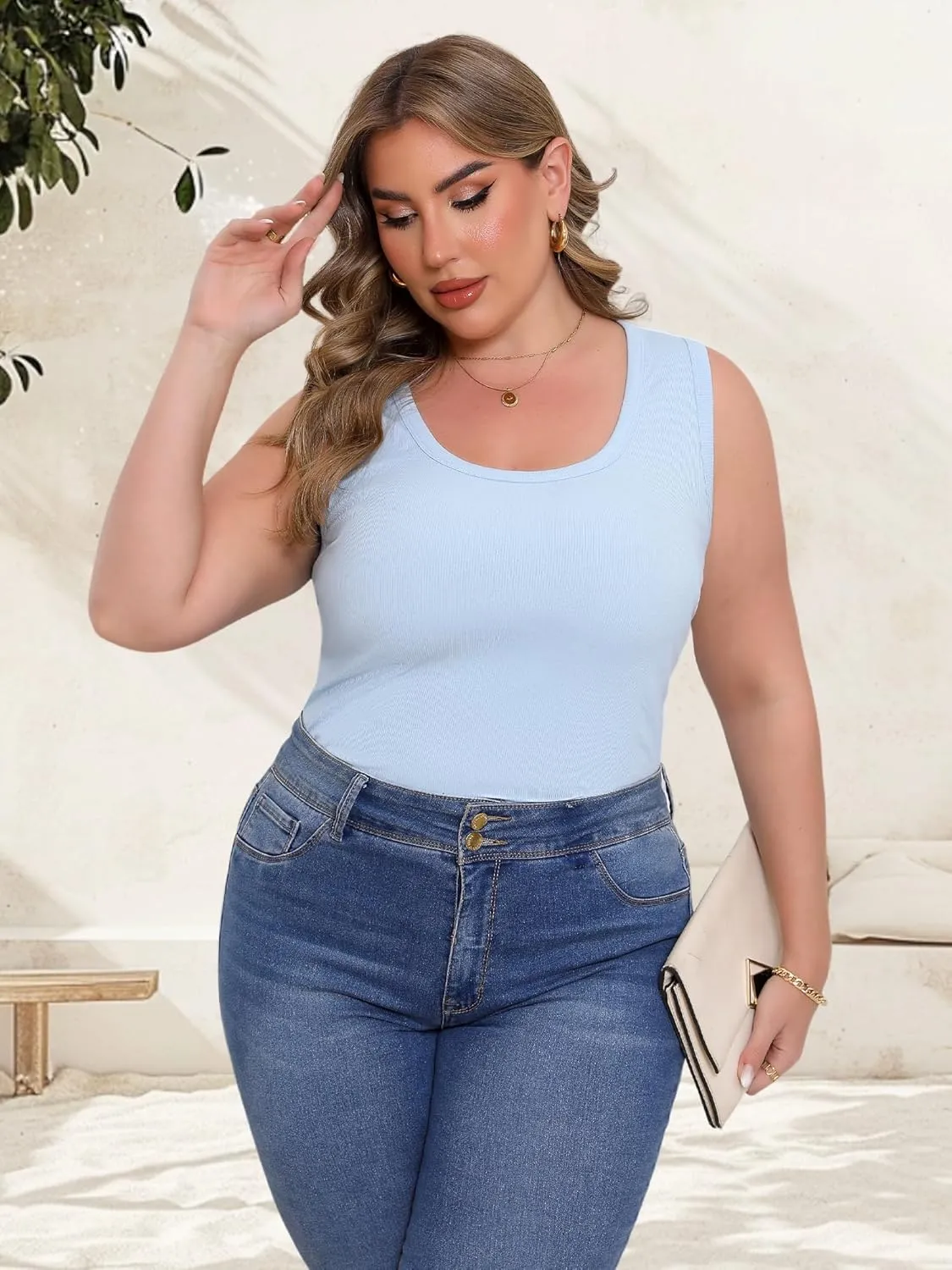 Women's Plus Size Tank Tops Summer Sleeveless Scoop Neck Cami Top Shirt Ribbed Knit Basic Casual Racerback Blouse