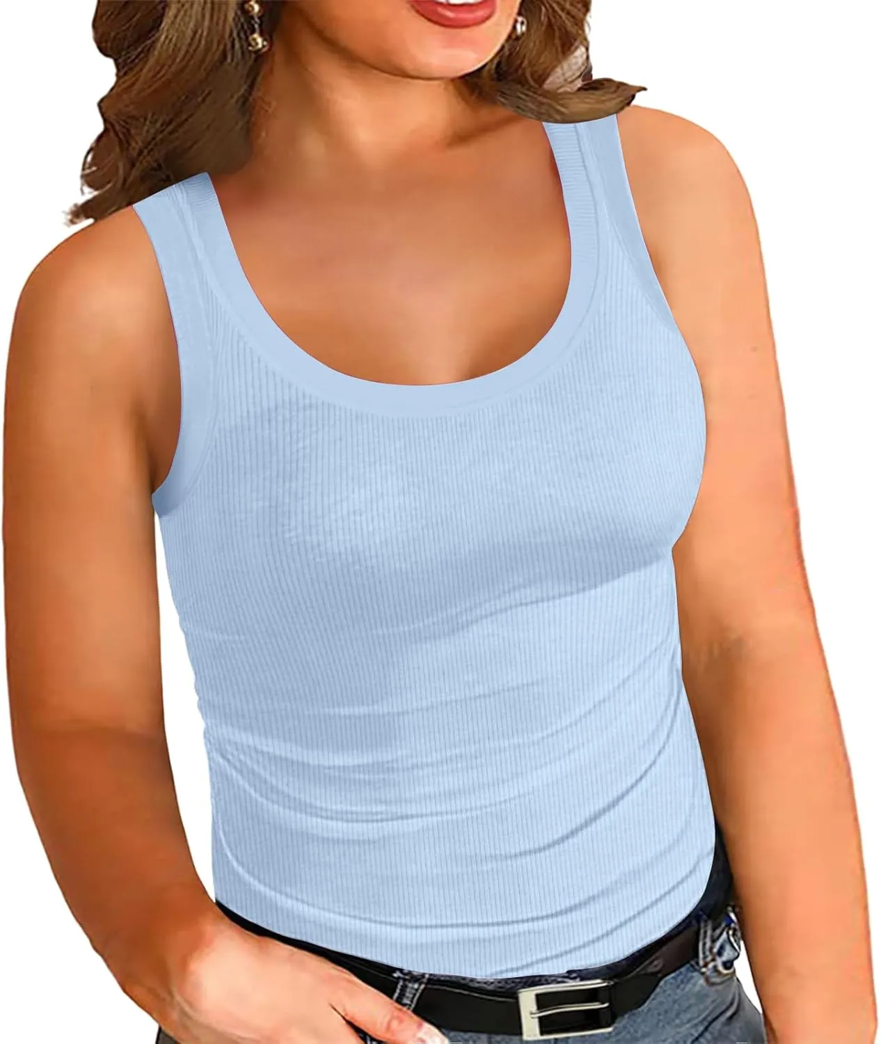 Women's Plus Size Tank Tops Summer Sleeveless Scoop Neck Cami Top Shirt Ribbed Knit Basic Casual Racerback Blouse