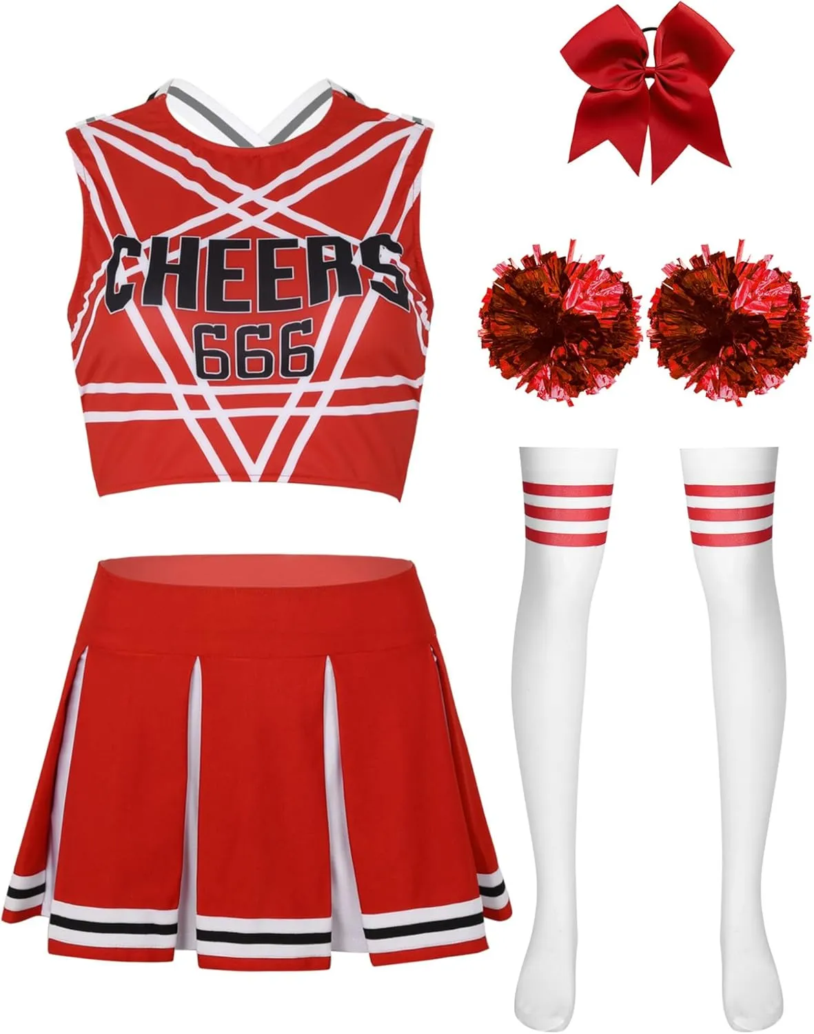 Womens Sexy Cheerleading Costume Cheer Leader Outfit Uniform Crop Tops with Built-in Pleated Skirt