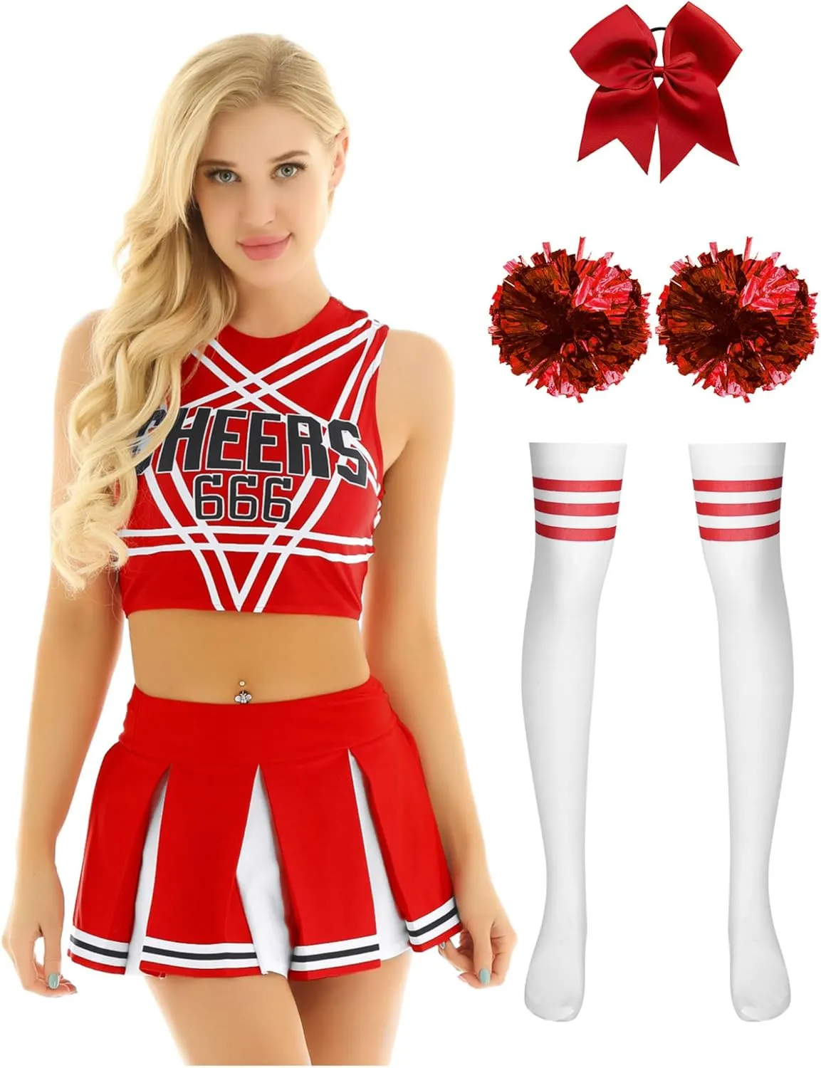 Womens Sexy Cheerleading Costume Cheer Leader Outfit Uniform Crop Tops with Built-in Pleated Skirt