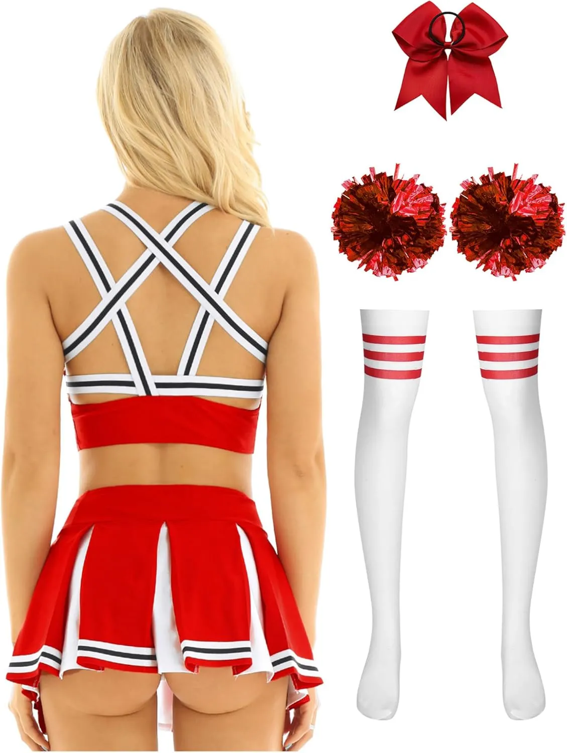 Womens Sexy Cheerleading Costume Cheer Leader Outfit Uniform Crop Tops with Built-in Pleated Skirt