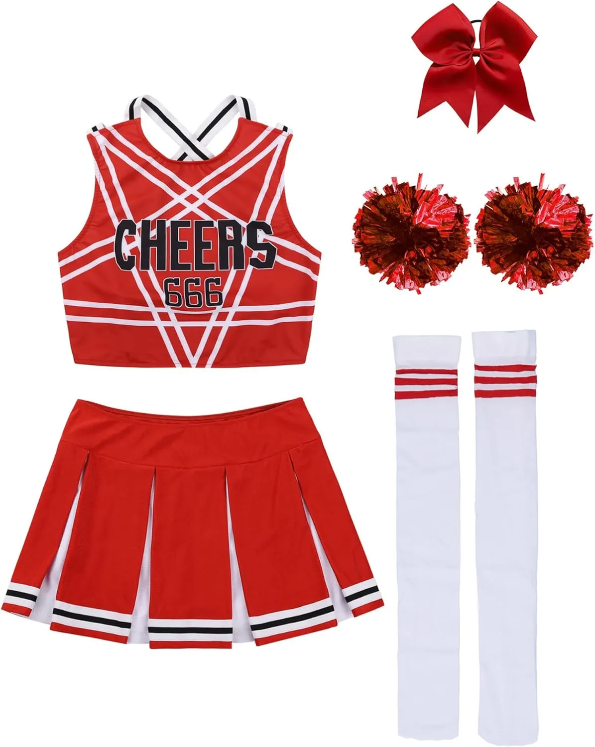 Womens Sexy Cheerleading Costume Cheer Leader Outfit Uniform Crop Tops with Built-in Pleated Skirt
