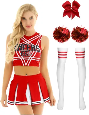 Womens Sexy Cheerleading Costume Cheer Leader Outfit Uniform Crop Tops with Built-in Pleated Skirt