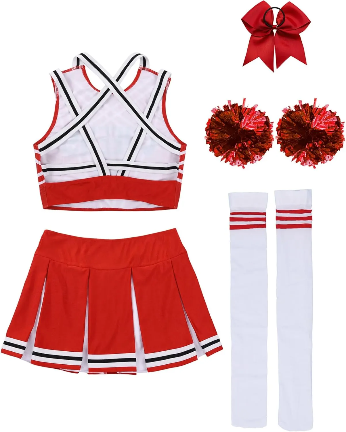 Womens Sexy Cheerleading Costume Cheer Leader Outfit Uniform Crop Tops with Built-in Pleated Skirt