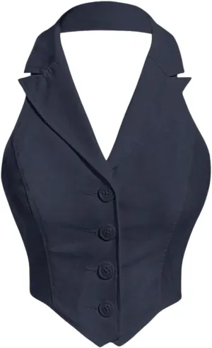 Women's Solid Asymmetrical Hem Backless Crop Tank Tops Sleeveless Casual Button Front Crop Blazer Vest