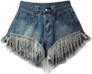 Women's Summer Denim Shorts Rhinestone Design High Waist Slim A-Line Hot Pants