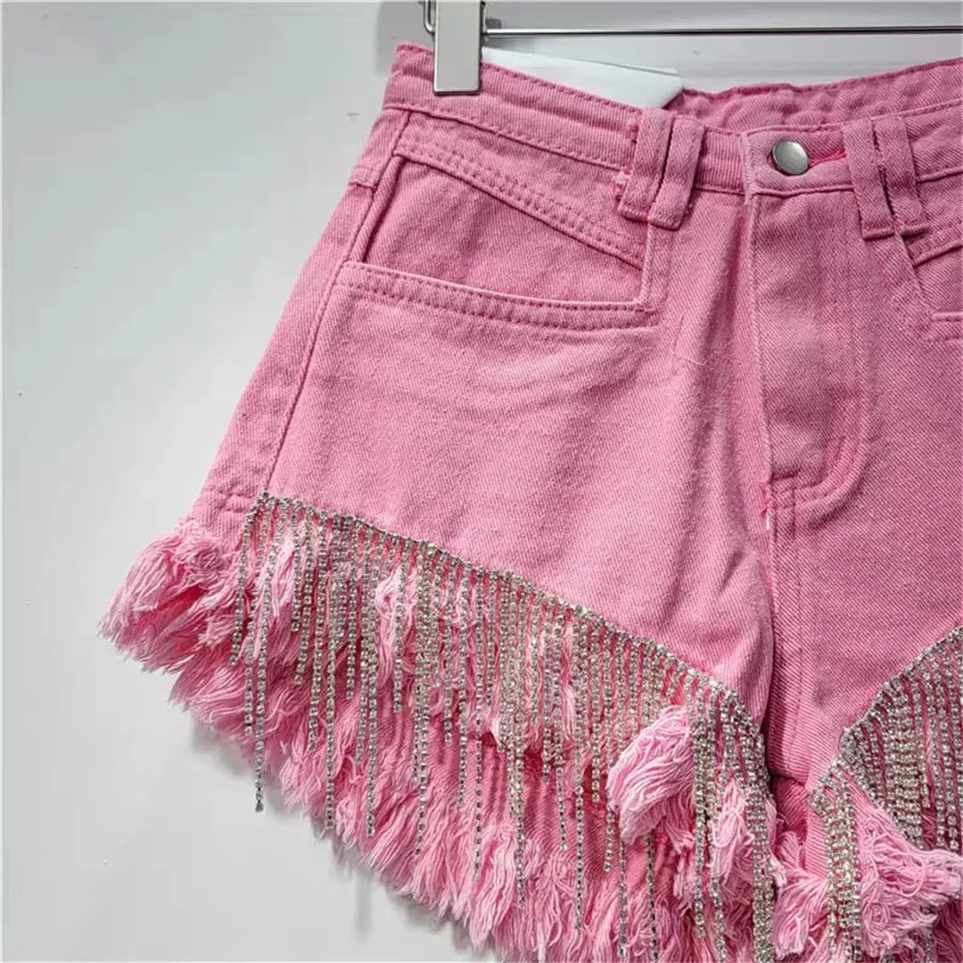 Women's Summer Denim Shorts Rhinestone Design High Waist Slim A-Line Hot Pants